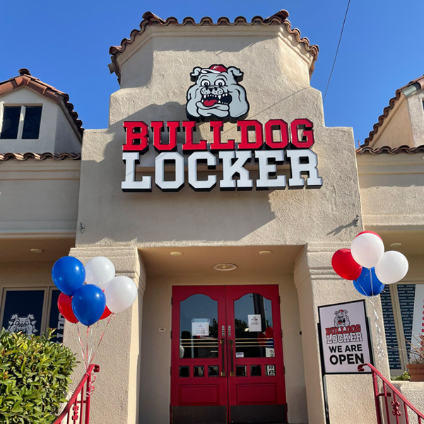 Bulldog Locker store front, merchandiser of the Fresno State Bulldogs, selling Bulldog merch to Fresno State fans and California State University, Fresno students